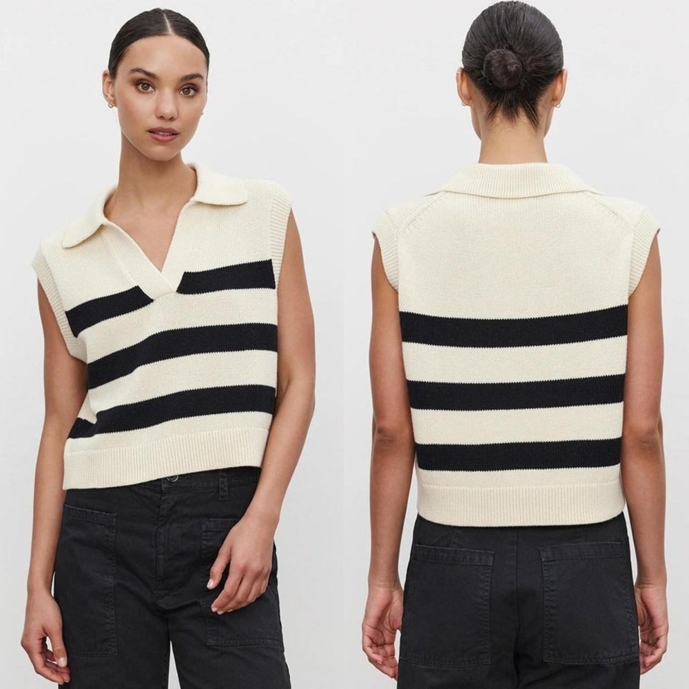 Velvet by Graham & Spencer Mariette Collared Cotton Striped Polo Vest - Size S